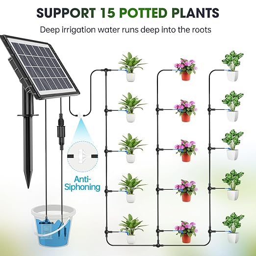 Drip Irrigation System - Skycow Solar Automatic Drip Irrigation Kit System 15 Potted Indoor Outdoor Garden Balcony Anti-Siphoning Plant Watering System 25 Timing Mode 1500mAh Battery 49FT
