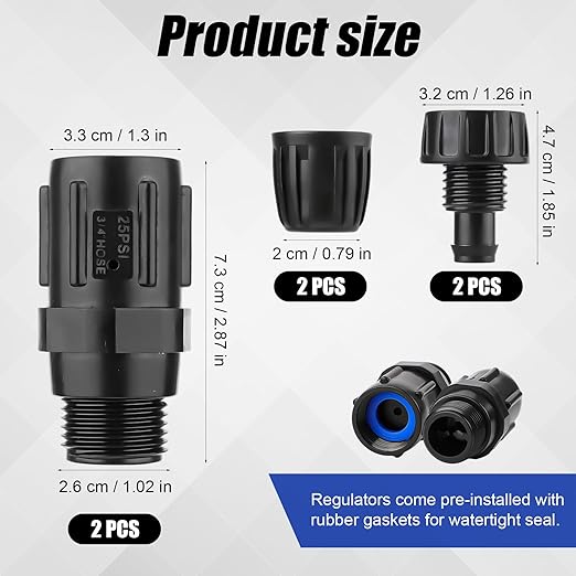 2 Sets Drip Irrigation Pressure Regulator 25PSI & Faucet Adapter Kit, 3/4" Hose Thread Water Pressure Regulator 1/2" Drip Irrigation Tubing Adapter for Drip Irrigation System