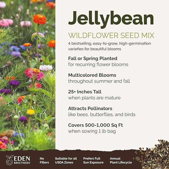Eden Brothers Jellybean Flower Mixed Seeds for Planting, 1 lb, 480,000+ Seeds with Zinnia, Cornflower, Cosmos, Calendula | Attracts Pollinators, Plant in Spring or Fall, Zones 3, 4, 5, 6, 7, 8, 9, 10