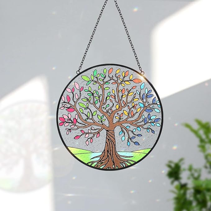 Tuitessine Tree of Life Stained Glass Suncatcher Four Season Theme Colorful Leaves Window Wall Hanging Ornament Hand-Painted Glass Panel Decor Gift for Women Christmas Thanksgiving Gift 6.3 * 6.3”