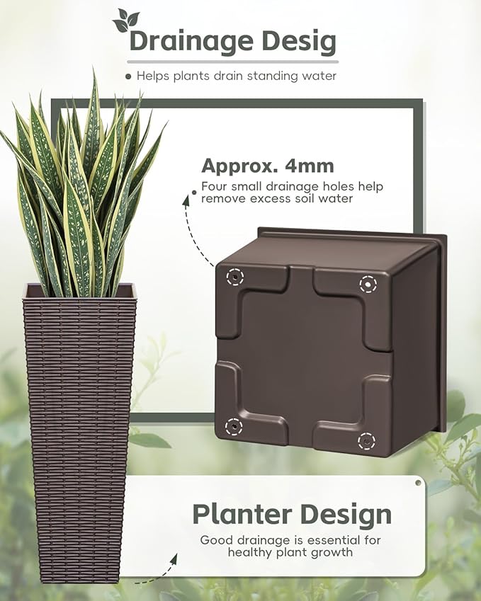 Greesum Large Tall Planter for Outdoors Plants, Set of 2, 24" Tall Plastic Flower Pots, Tapered Porch Planter with Drainage Holes for Patio, Backyard, Brown