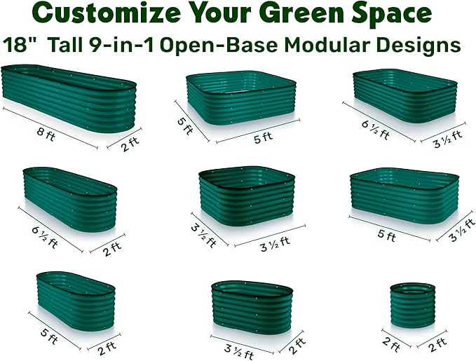 9-in-1 Galvanized Steel Raised Garden Bed // 8×2×1.5 ft Modular Planter for Gardening, Vegetables, Flowers // 18" Tall Metal Raised Garden Beds Outdoor (Dark Green) // Patented Design Planter Box