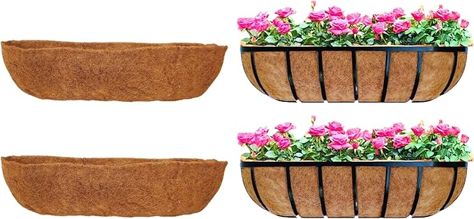 Maxona 24 inch 2 Pack Trough Rectangular Coco Liner for Window Box Planter: Thick Coconut Coir to Support The Soil Replacement for Wall Hanging Basket, Rectangle Pre-Formed Fiber Husk, Garden Fence