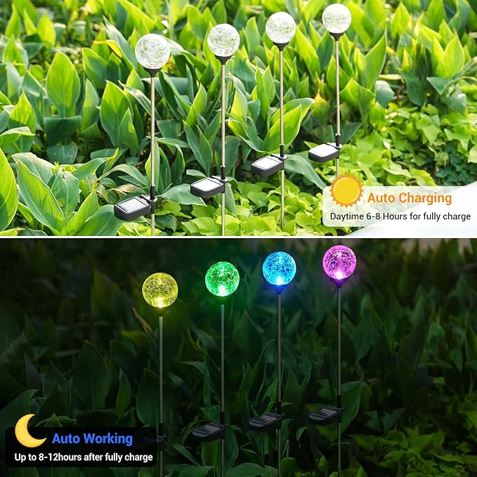 Solar Outdoor Lights - 6 Pack Crystal Cracked Glass LED Solar Garden Globe Light, Color-Changing Solar Stake Ball Light Auto On/Off, Solar Pathway Light for Landscape Patio Yard Halloween Decorations