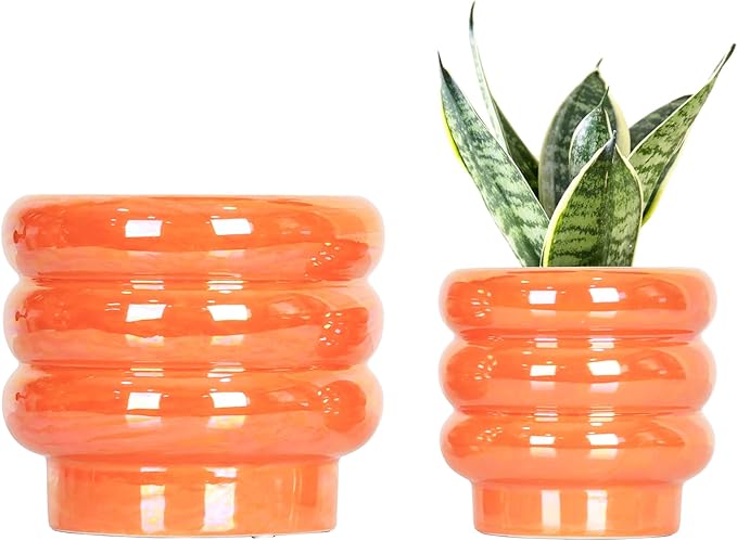 5.7 Inch +4.1 inch 2 pcs Ceramic Plant Pots for Indoor Plants, Rainbow Pearl Glaze Planter with Planters for Plants with Drainage Hole, Orchid Pots, Succulent Pot, Flower Pot (Orange)
