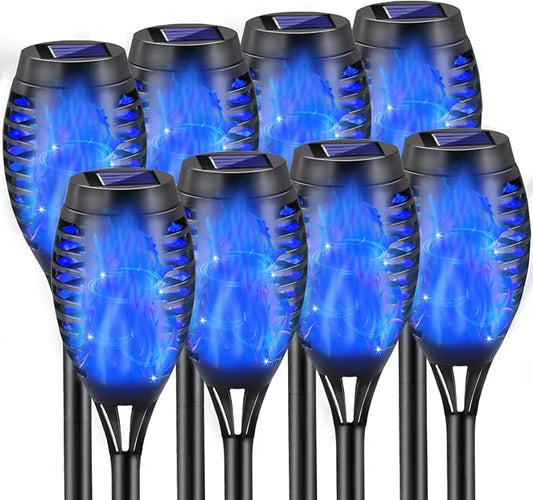 Blue Solar Lights, Halloween Decorations Outdoor 8 Pack Solar Torch Lights with Flickering Flame, 12 LED Mini Tiki Torches Waterproof for Landscape Pathway Dusk to Dawn Auto On/Off