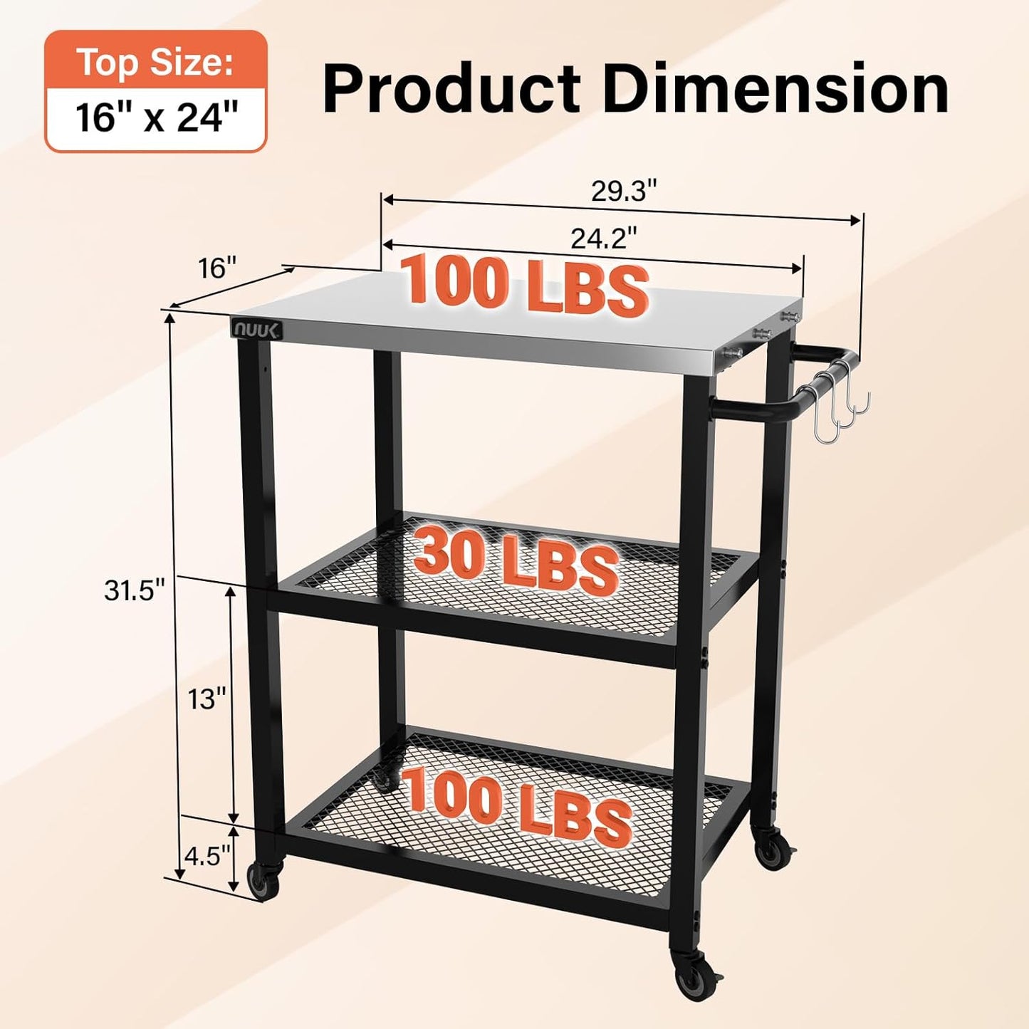 NUUK 3-Shelf Grill Cart 16" x 24" Outdoor BBQ Table with Stainless Steel Top Rolling Pizza Oven Carts for Outside Dining Tables