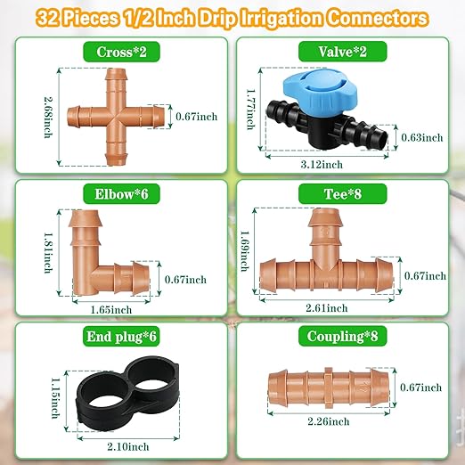 32 Pieces Drip Irrigation Fittings Kit: 1/2 Inch Drip Irrigation Tubing Set Includes 8 Couplings 8 Tees 6 Elbows 6 Plugs 2 Crosses 2 Valves for Sprinkler Systems