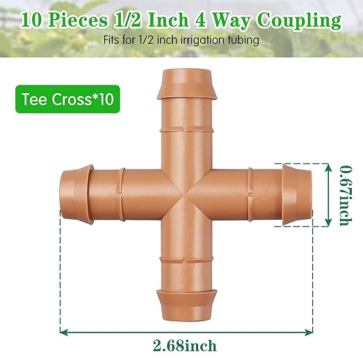 Drip Irrigation Barbed Cross Tee：10 Pack Drip Irrigation Cross Parts Fits for 1/2 Inch Drip Irrigation Tubing 17mm 0.600" ID Barbed Connectors for Patio Lawn Garden