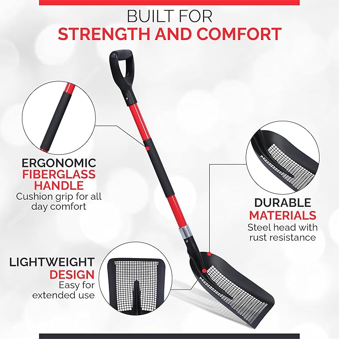 Sand Sifting Shovel Heavy-Duty for Metal Detecting, Gardening, Cat Litter Chicken Coop Poop Cleaning and Beach Play - Durable Metal Mesh Scoop with Ergonomic Handle