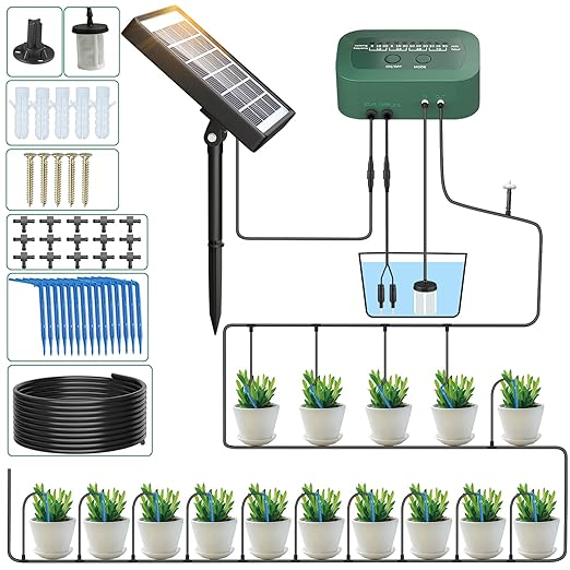 PChero Solar Automatic Drip Irrigation Kit, Solar Powered Auto Watering System with 12 Timer Modes for Indoor Balcony Outdoor Garden Greenhouse, Supported 15 Pots Plants