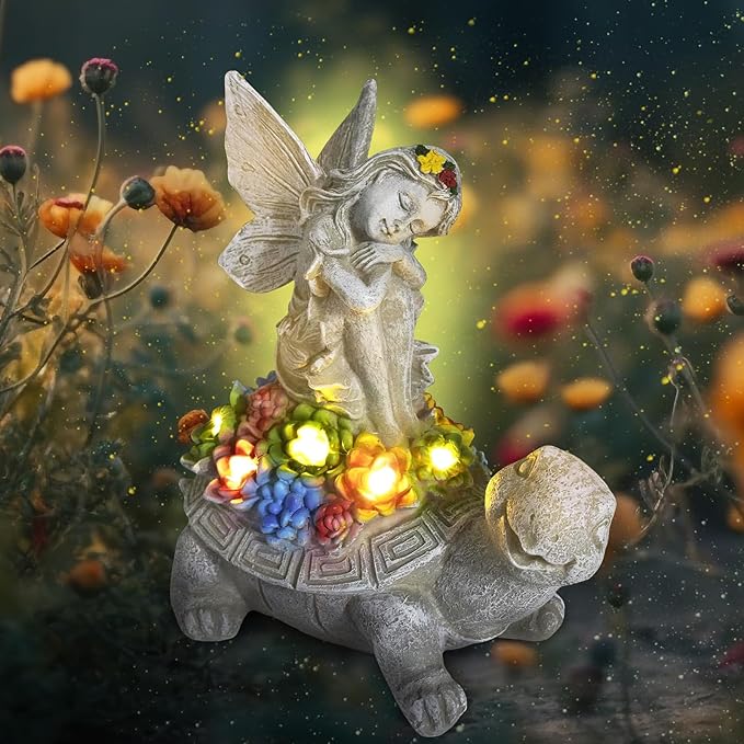 Choies Solar Angel Garden Statue Outdoor,Little Angel Sitting on Turtle Garden Sculpture for Outside,Angels Figurines Gifts for Women,Mom,Angel Outdoor Decoration for Home,Garden,Patio,Yard