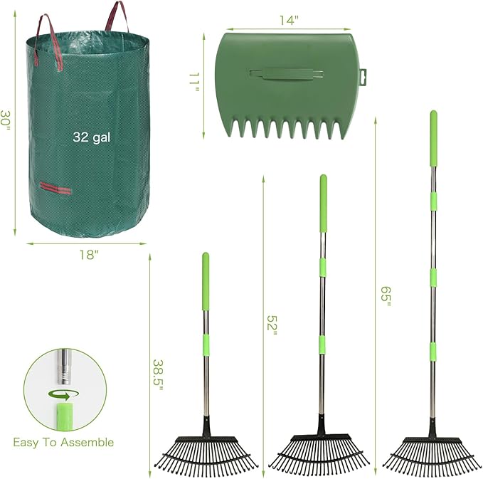 JOYHALO 65 Inch Rake for Leaves, 25 Tines Metal Leaf Rake Set with 32 Gallon Leaf Bags Leaf Scoops, Garden Rake 18in Wide, Rakes for Gardening Lawns Yard Outdoor Camping Shrub Grass Bush