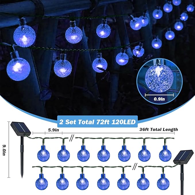 Solar Lights Outdoor Waterproof, 2 Pack Total 120LED 72FT Solar String Lights for Outside w/ 8 Modes, Outdoor String Lights Crystal Globe Patio Lights for Garden Yard Party Decor (Bule)