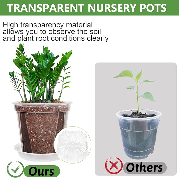 Clear Nursery Pots for Plants - 10 Pack Transparent Plastic Planter in 3.9/4.7/5.5/5.9/6.3 Inch Reinforced Plant Pots with Drainage Holes Durable Seedling Pots with 10Pcs Labels