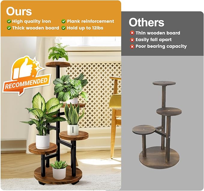 GEEBOBO 5 Tier Plant Stand With 4 Wheels, Metal Wood Tall Plant Stands For Indoor Plants Multiple, Corner Tiered Flower Plants Shelf Stand for Living Room Bedroom, Brown