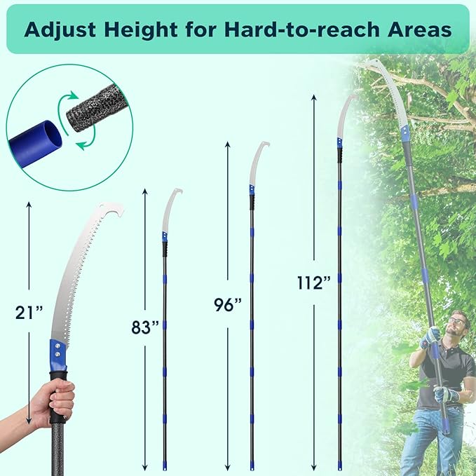 Manual Pole Saw for Tree Trimming, 10FT Pole Saw with Adjustable Rods for Trimming Tree Branches, Long Pole Pruning Pole Saw Hand Saw Cutter Pruner for Yard Garden Patio