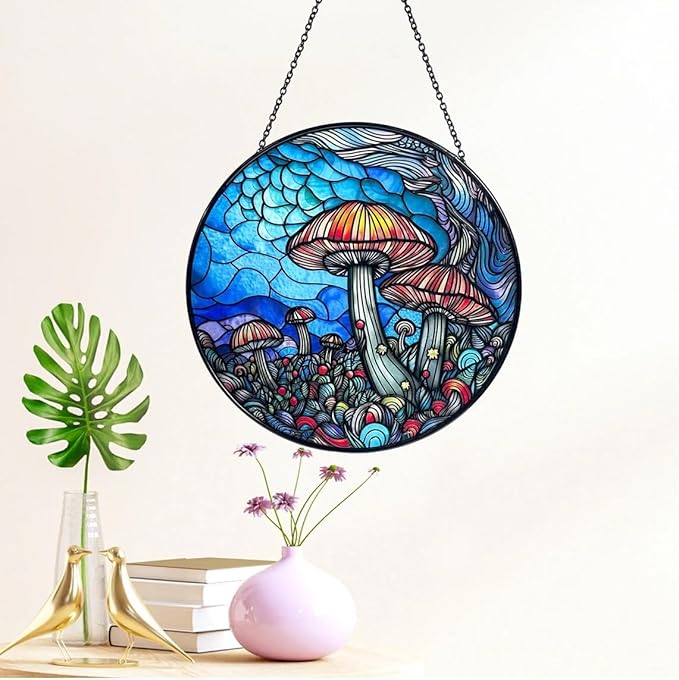 Stained Glass Window Hanging - 7.8‘’ "Enchanted Forest Mushroom Suncatcher for Home and Office Décor Sun Catcher Circular Artwork