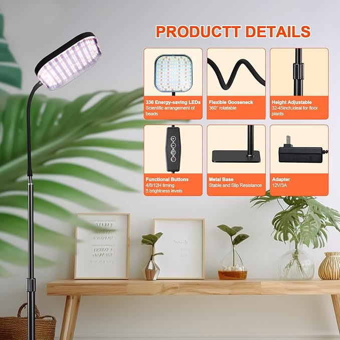 Grow Lights for Indoor Plants with Stand Full Spectrum, Floor Plant Growing Lamp with 336 LEDs for Large Plants, 4/8/12H Auto Timer,5 Brightness, 40-52 inches Height Adjustable