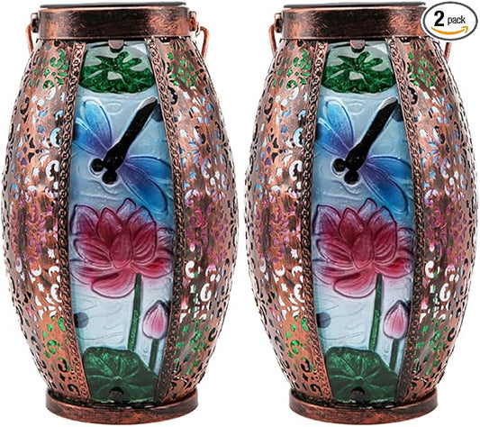 2PCS Dragonfly Solar Lanterns Glass & Metal Hanging Light Outdoor Waterproof 16" H Tabletop Lamp with Hollowed-Out Design with Shepherd's Hooks for Garden Patio Table Decor