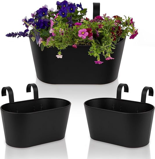 Beautiful Hanging Flower Pots for Outside Railing Or Fence - Stylish Set of 3 Outdoor Planters For Any Balcony, Porch or Deck - Window Planter Boxes Are Perfect to Grow Fresh Herbs & Flowers at Home