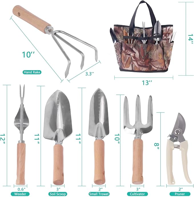 Outdoor Garden Tool Set, 7 Pcs Floral Gardening Set for Women Leaf Camouflage Gardening Kit with Garden Tool Bag, Trowel, Weeder Fork, Hand Rake, Pruning Shears, Cultivator, Transplanter