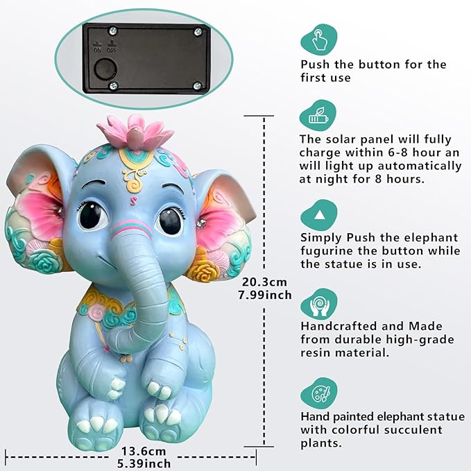 Solar Garden Outdoor Statue Elephant with 4 LED Lights,Lawn Decor Statue for Patio, Balcony,Yard Ornament,Ideal Gift for Christmas,Women,Mom,Grandma,Birthday or Unique Housewarming