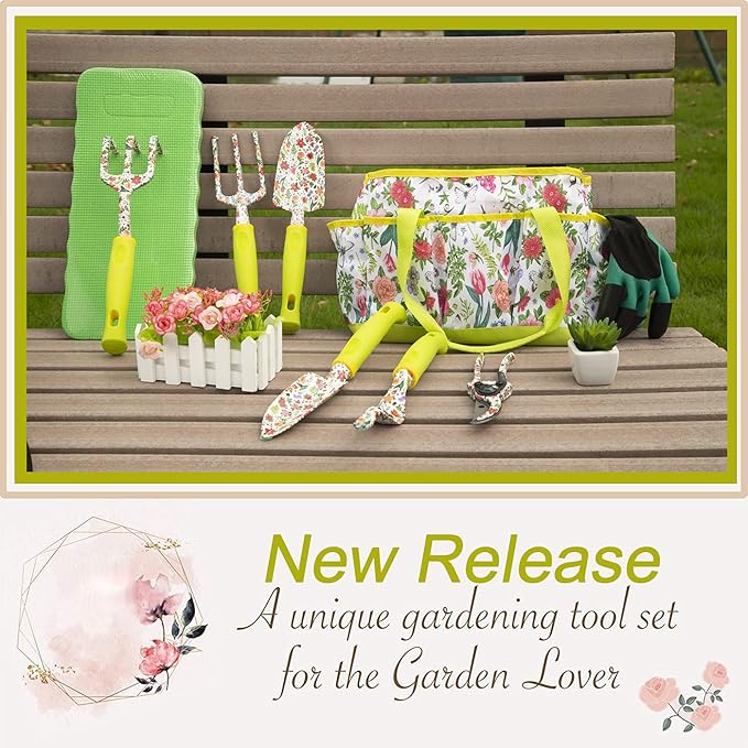 Garden Tool Set 9 Piece Heavy Duty Aluminum Gardening Hand Tools Kit Cute Gardening Supplies with Non-Slip Rubber Grip Gift for Women/Parent