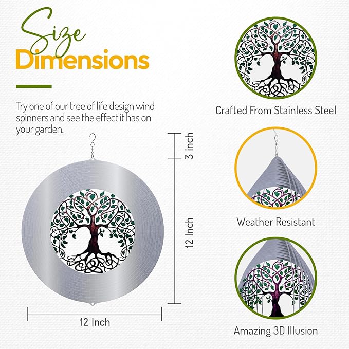 Tree of Life Wind Spinners for Yard and Garden, Metal Ornaments for Garden Décor, Outdoor Wind Spinner, Tree of Life Gifts, Outdoor Garden Decoration, 12 inch Tree of Life Wall Décor by ISEO