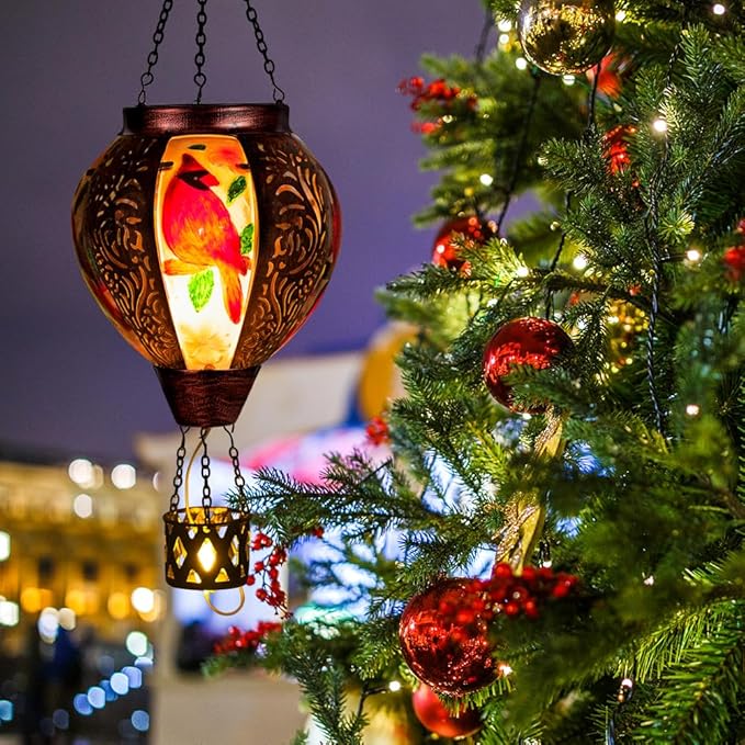 Cardinal Solar Hot Air Balloon Lantern with Flickering Flame Hanging Solar Lanterns Outdoor Waterproof,Metal Hot Air Balloon Lights for Patio Yard Party Garden Decor,Cardinal Gifts for Women