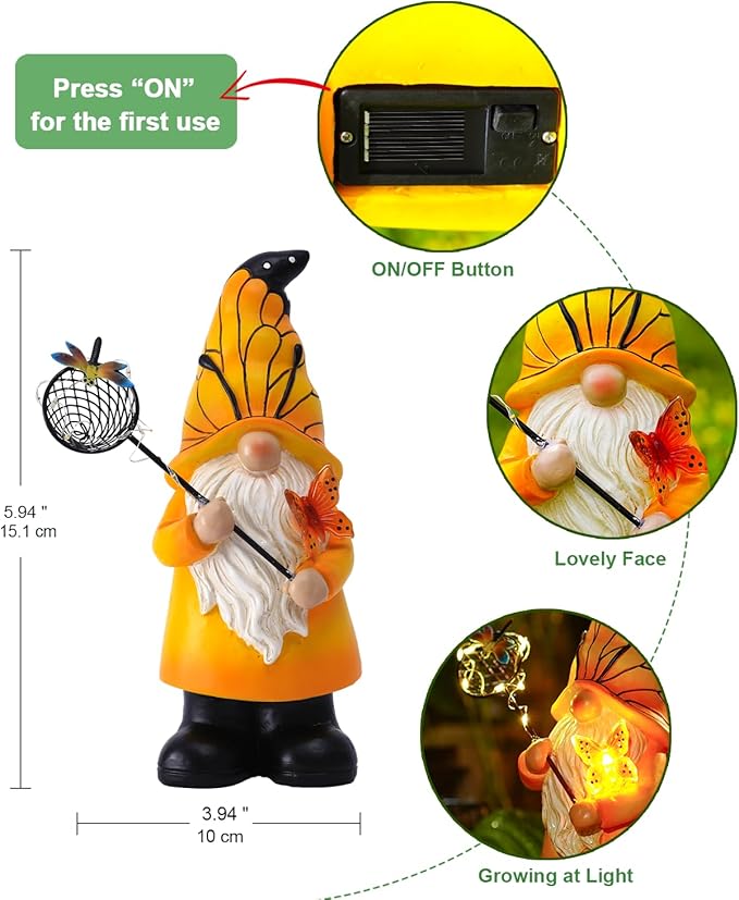 Solar Gnome Statues Outdoor Decor: Garden Figurines Sculpture with Glowing Butterfly and Catching Dragonfly for Yard Porch Patio Balcony - Gifts for Mother Grandma