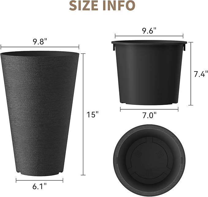 Kante Tall Round Planter Set of 2, 15 Inch Tall Decorative Planter Pots for Outdoor Indoor Garden Patio Front Porch (Black)