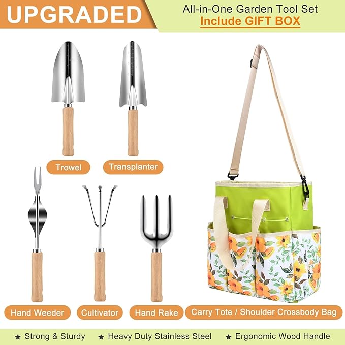 Garden Tools Set, Heavy Duty Gardening Hand Tools with Shoulder Crossbody Garden Tote Bag, Rust-Proof Garden Tools with Wood Handle, Ideal Gardening Gifts for Women Men