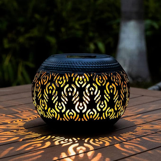Solar Table Light Outdoor Waterproof- Solar Powered LED Lamp Hollowed-Out Black Peacock Feather Metal Desktop Decorative Lantern for Indoor Desk Bedroom Patio Garden Pathway Yard