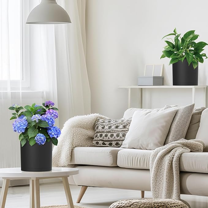 8 Inch Medium Plant Pots for Indoor Outdoor Plants, Cylinder Deep Flower Pots with Drainage Holes & Saucer, Decorative Plastic Planter Pots for Garden House Plants, Black