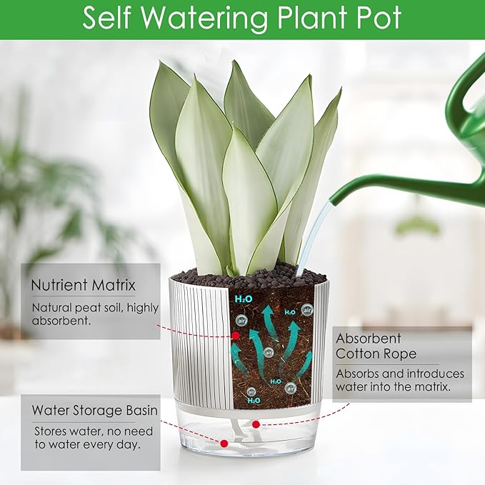 4 Pack Self Watering Pots Set, 4+5.5 Inch Self Watering Pots for Indoor Plants, Planter Pot with Wick Rope and Reservoir for African Violet, Spider Plant, Orchid