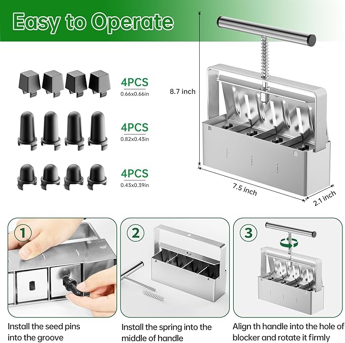 Soil Blocker, 4 Cell Soil Block Maker 2 Inch with 3 Sizes Seed Pins, Seed Handheld Block Maker with Comfortable Handle, Garden Blocking Tools for Seedings, Cuttings, Greenhouses
