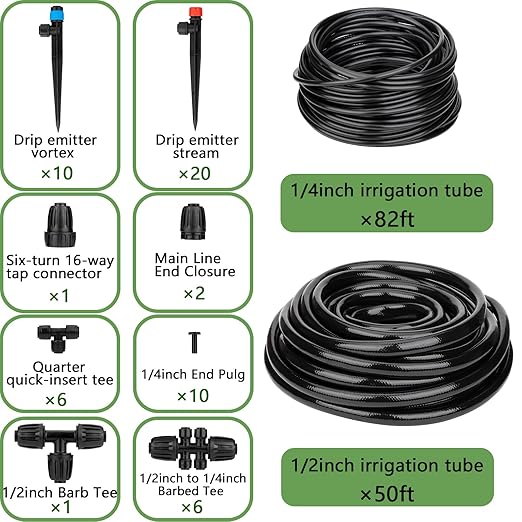Drip Irrigation System for Garden-Watering - Quick Connector Adjustable Automatic Sprinkler System Kit for Raised Bed Greenhouse Plant with Drip Emitters,1/2" and 1/4" Tubing,Connectors (132FT)