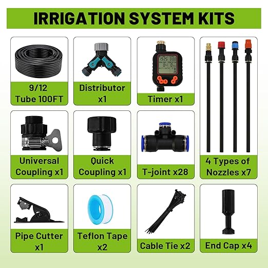 Garden Drip Irrigation Kit, 100ft Black Hose, 360° Pure Copper Closeable Nozzle, Patio Misting Plant Watering Sprinkler, Faucet Separator, Sprinkler Hose Adapter (28 360° nozzles + 28 T-connectors)