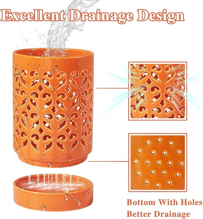 Orchid Pots 4 Inch Ceramic Orchid Pot with Holes, Plant Pot for Repotting, Flower Planter Pot Indoor Outdoor, Breathable Slotted Orchids Planter Orange