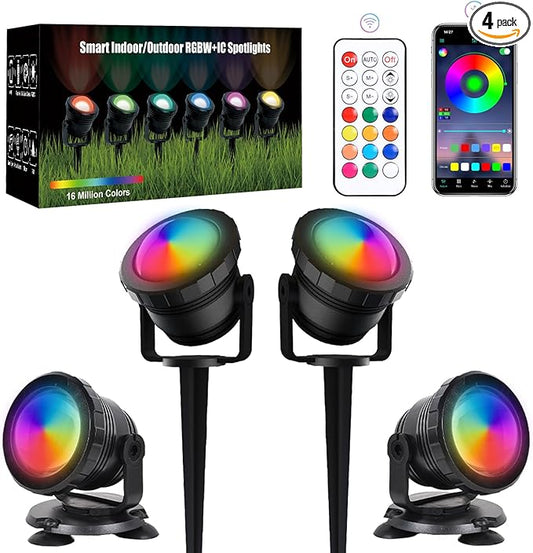Smart APP Outdoor Landscape Spotlights IP68 Waterproof, RGB Color Changing Music Sync LED Landscaping Lights, Suction/Insertion Type Low Voltage Landscape Lighting for Christmas Halloween Decorations