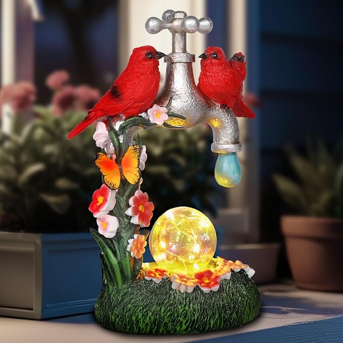 Red Cardinal Bird Statue with LED Ball Light 8.6"Resin Caidinal Figurine Outdoor Waterproof Solar Statues for Yard and Garden Unique Housewarming Birthday Outdoor Gifts for Women Mom Wife Girlfriend
