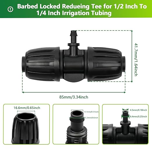 13 Pcs Drip Irrigation Fittings for 1/2 Inch Tubing (1/2" ID x 0.65" OD) to 1/4 Inch Irrigation Tubing, Locked Barbed 1/2" to 1/4" Reducing Tee Connector Drip Line Parts