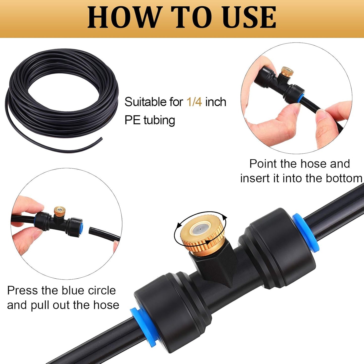 Hotop Brass Misting Nozzles 1/4 Inch Sliding Lock Mister Nozzles Tees with Plugs for Outdoor Cooling System Misting System(20 Pieces)