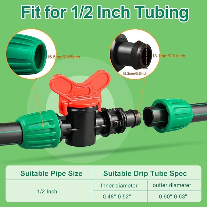 JAYEE 8 Pcs Drip Irrigation Fittings Switch Valve 1/2 Inch, In-Line Barbed Lock Switch Valves For 1/2 Inch Drip Tubing (0.60"-0.63" OD), Shut Off On Valve Drip Line Parts For Garden Sprinkler Systems