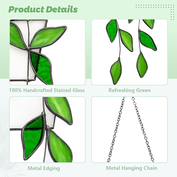 Stained Glass Window Hanging Green Plant Window Suncatcher Handcrafted Green Faux Plant Window Wall Glass Panel Decor for Plant Lovers,Unique Home Indoor&Outdoor Decor