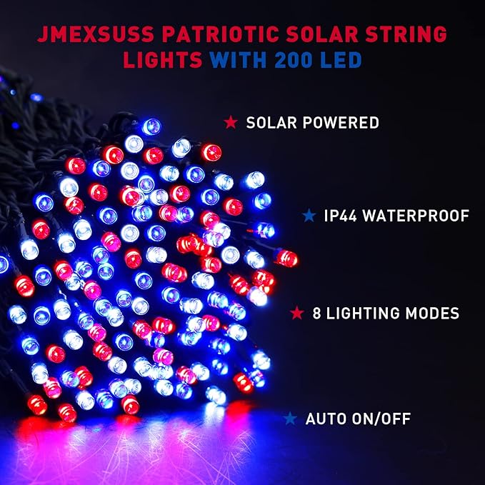 JMEXSUSS 2 Pack Red White and Blue Solar Lights 100LED 33ft Patriot Solar String Lights Waterproof, 8 Modes 4th of July Lights for Independence Day, Gardens, Tree, Outdoor 4th of July Decorations
