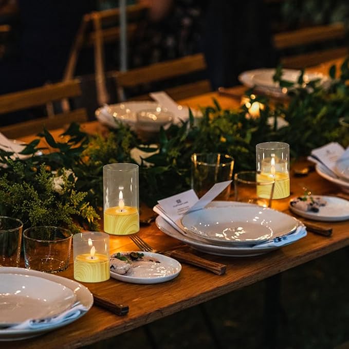 Battery Operated Candles with 6H Timer, 3 Pack Glass LED Flikcering Flameless Candles, Clear Pillar Candles with 3D Flame for Spring Wedding Home Bedroom Decor(Set of 3)