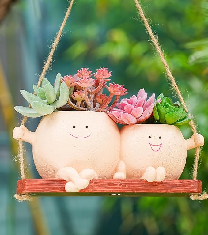 Cute Couple Swing Planter with Smiley Face,Couple Planter Pot,Hanging Swing face Pot,Hanging Plant Pot for Indoor Outdoor Plants, (Khaki)