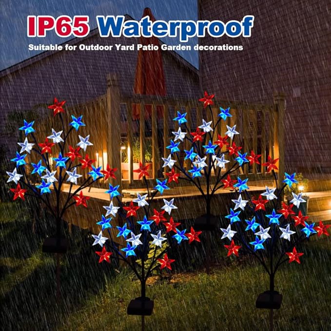 2 Packs Solar 4th of July Decorations Outdoor Lights, Solar Red White and Blue Star Pathway Lights, Waterproof Outdoor Patriotic Decorations Lights for July 4th Memorial Day Garden Yard Pathway Grave